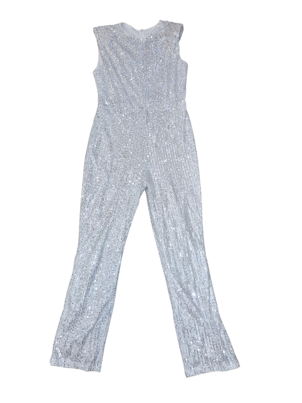 bebe Silver Sequin Sleeveless Jumpsuit with Full-Length Legs